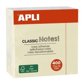 Öntapadó jegyzettömb, 75×75 mm, 400 lap, APLI "Classic", sárga